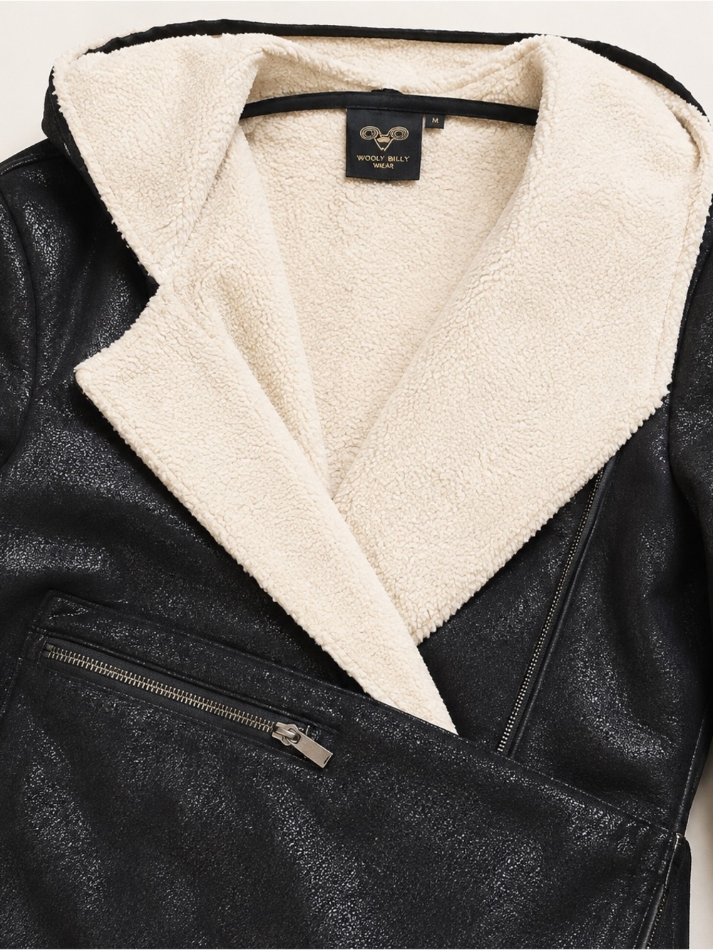 Wooly Billy Black Vegan Leather Jacket with Cream Sherpa Lining